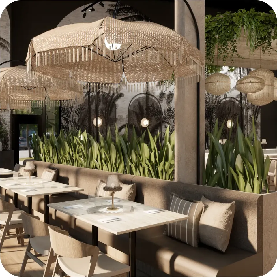 Terrasse ombragée et parasols